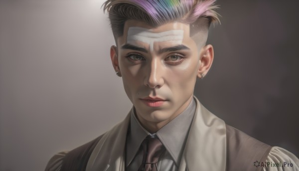 solo,looking at viewer,short hair,bangs,shirt,black hair,1boy,brown eyes,jewelry,closed mouth,white shirt,upper body,pink hair,male focus,multicolored hair,earrings,necktie,collared shirt,grey background,vest,two-tone hair,lips,gradient,gradient background,bandages,piercing,ear piercing,portrait,bandaid,black necktie,realistic,bandaid on face,stud earrings,undercut,brown vest,brown necktie,1girl,jacket,purple hair,shiny,shiny hair,black jacket,grey eyes,scar,black background,grey shirt,brown background,brown jacket,brown shirt