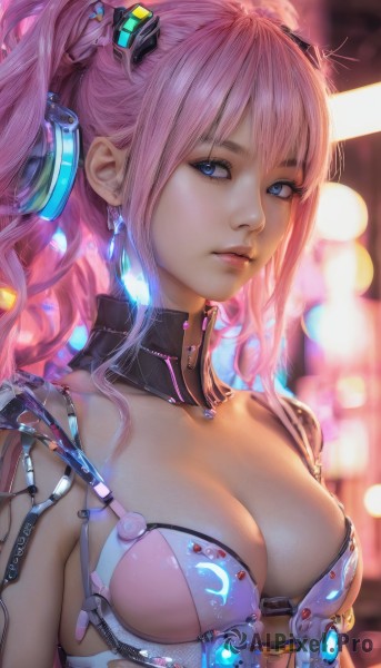 1girl,solo,long hair,breasts,looking at viewer,bangs,blue eyes,large breasts,hair ornament,cleavage,twintails,jewelry,medium breasts,upper body,pink hair,earrings,blurry,lips,detached collar,blurry background,science fiction,realistic,nose,cyberpunk,closed mouth,collarbone,sidelocks,artist name,signature,armor,eyelashes,depth of field,glowing,headgear,expressionless,revealing clothes,pink lips,cable,bokeh