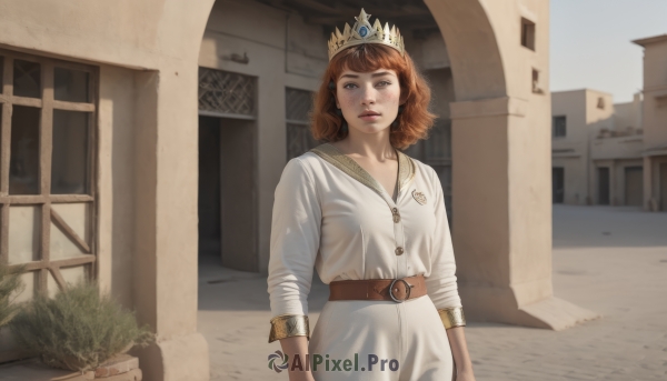 1girl,solo,looking at viewer,short hair,bangs,brown hair,long sleeves,dress,brown eyes,standing,outdoors,parted lips,day,belt,white dress,lips,window,crown,building,freckles,realistic,arms at sides,brown belt,breasts,jewelry,curly hair