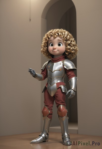 1girl,solo,looking at viewer,short hair,blonde hair,brown hair,brown eyes,closed mouth,standing,full body,boots,pants,indoors,dark skin,armor,black eyes,shoulder armor,gauntlets,child,reflection,curly hair,pauldrons,breastplate,armored boots,greaves,red pants,plate armor,smile,gloves,1boy,male focus