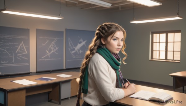 1girl,solo,long hair,looking at viewer,blue eyes,brown hair,shirt,long sleeves,sitting,school uniform,white shirt,braid,indoors,scarf,lips,book,window,chair,table,desk,open book,realistic,classroom,school desk,chalkboard,green scarf,skirt,holding,jewelry,earrings,artist name,signature,nose,pen,pencil,notebook,mechanical pencil