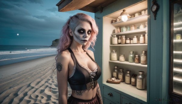 1girl,solo,long hair,breasts,looking at viewer,large breasts,navel,cleavage,bare shoulders,medium breasts,collarbone,upper body,pink hair,multicolored hair,outdoors,sky,midriff,belt,cloud,bra,lips,crop top,tattoo,makeup,night,ocean,beach,bottle,clock,arm tattoo,stitches,refrigerator,water,mask,piercing,lipstick,watercraft,ship,boat,jar