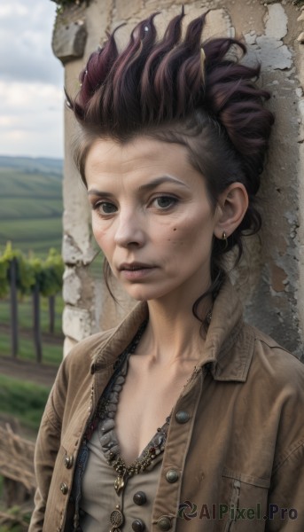 1girl,solo,breasts,looking at viewer,short hair,brown hair,black hair,jewelry,closed mouth,collarbone,jacket,upper body,earrings,small breasts,outdoors,parted lips,open clothes,sky,day,necklace,mole,blurry,black eyes,open jacket,tree,lips,grey eyes,mole under eye,buttons,blurry background,piercing,freckles,brown jacket,realistic,nose,unbuttoned,wall,cleavage,dirty