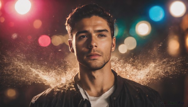 solo,looking at viewer,short hair,shirt,black hair,1boy,closed mouth,jacket,white shirt,upper body,male focus,blurry,black eyes,black jacket,night,depth of field,blurry background,facial hair,portrait,beard,realistic,stubble,bokeh,brown eyes,lips,thick eyebrows,lens flare