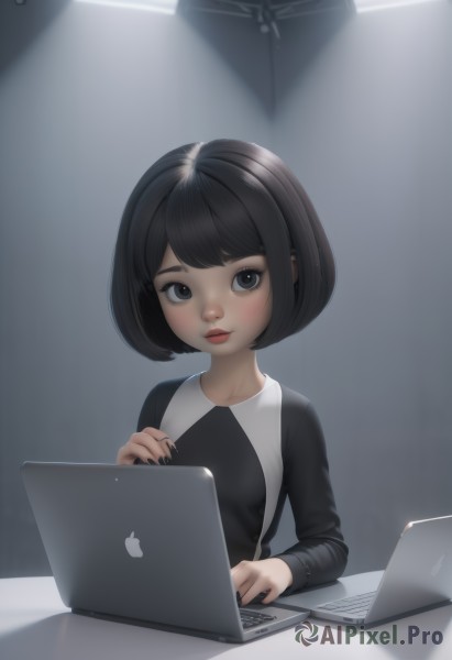 1girl,solo,looking at viewer,smile,short hair,bangs,shirt,black hair,long sleeves,closed mouth,upper body,small breasts,artist name,indoors,nail polish,black eyes,lips,fingernails,black shirt,eyelashes,makeup,piercing,bob cut,black nails,computer,laptop,blush,lipstick,child,nose,red lips,female child