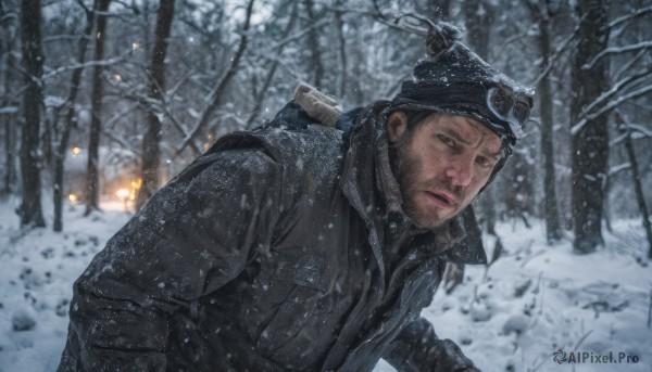 solo,short hair,black hair,1boy,hat,jacket,upper body,weapon,male focus,outdoors,blurry,black eyes,tree,coat,gun,blurry background,facial hair,goggles,nature,beard,snow,forest,snowing,realistic,mustache,stubble,beanie,winter clothes,winter,bare tree,looking at viewer,open mouth,long sleeves,parted lips,vest,black jacket,black headwear,rifle,goggles on head,mature male,weapon on back