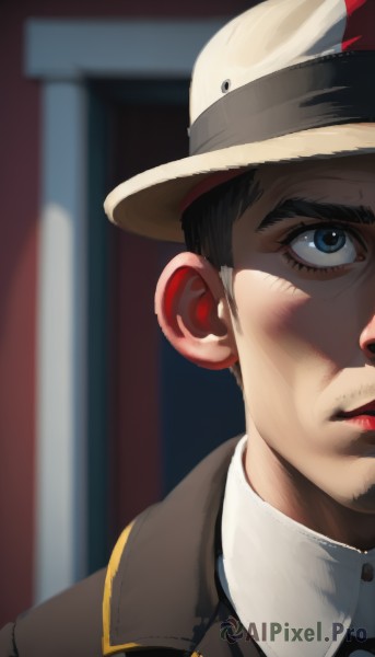 solo,looking at viewer,short hair,blue eyes,shirt,black hair,1boy,hat,closed mouth,jacket,male focus,collared shirt,blurry,lips,blurry background,thick eyebrows,portrait,brown jacket,realistic,white shirt,facial hair,close-up