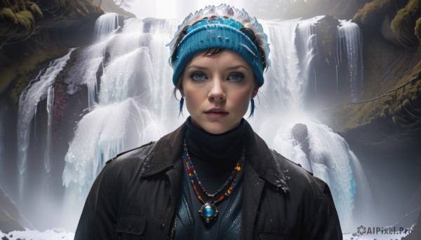 1girl,solo,looking at viewer,short hair,blue eyes,black hair,hat,jewelry,jacket,upper body,parted lips,water,necklace,lips,black jacket,turtleneck,pendant,blue headwear,freckles,realistic,nose,fantasy,leather,waterfall,leather jacket,cave,earrings,makeup,headband,lipstick,gem,bandana