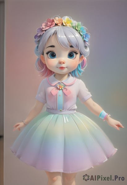 1girl,solo,looking at viewer,smile,short hair,blue eyes,skirt,shirt,hair ornament,dress,bow,jewelry,closed mouth,blue hair,standing,white shirt,pink hair,flower,short sleeves,grey hair,multicolored hair,hair flower,bracelet,two-tone hair,lips,blue skirt,see-through,gradient hair,feet out of frame,wristband,child,bandaid,female child,head wreath,bandaid on leg,bandaid on knee,blush,simple background,ribbon,eyelashes,pink bow,realistic,nose