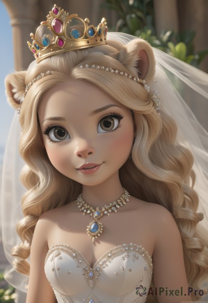 1girl,solo,long hair,breasts,looking at viewer,smile,blonde hair,dress,animal ears,cleavage,bare shoulders,brown eyes,jewelry,collarbone,upper body,small breasts,outdoors,parted lips,teeth,day,artist name,necklace,white dress,blurry,lips,see-through,eyelashes,strapless,depth of field,blurry background,wavy hair,tiara,crown,gem,veil,strapless dress,forehead,freckles,curly hair,wedding dress,bridal veil,lion ears,bride,blush,brown hair,medium breasts,makeup,princess