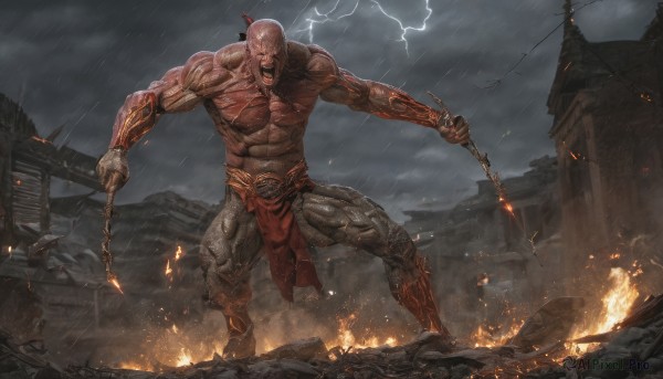 solo,open mouth,1boy,holding,standing,full body,weapon,male focus,outdoors,horns,sky,teeth,cloud,holding weapon,armor,tattoo,muscular,glowing,facial hair,scar,abs,cloudy sky,fire,pectorals,muscular male,building,glowing eyes,pelvic curtain,rain,dual wielding,veins,topless male,electricity,bald,manly,loincloth,lightning,sword,polearm,rock,realistic,fantasy,giant