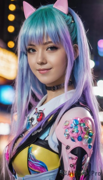 1girl,solo,long hair,breasts,looking at viewer,smile,bangs,animal ears,medium breasts,closed mouth,blue hair,upper body,pink hair,purple hair,multicolored hair,choker,cat ears,blurry,black eyes,two-tone hair,lips,aqua hair,gradient hair,makeup,blurry background,fake animal ears,black choker,science fiction,realistic,nose,blue eyes,from side,eyelashes,tattoo,depth of field,freckles,bokeh,button badge,cyberpunk