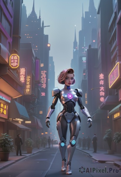 1girl,breasts,looking at viewer,short hair,blue eyes,brown hair,medium breasts,standing,full body,pink hair,outdoors,solo focus,armor,lips,bodysuit,makeup,night,glowing,plant,robot,building,skin tight,walking,science fiction,city,sign,android,chinese text,potted plant,road,joints,mechanical arms,multiple others,cyborg,street,robot joints,skyscraper,open hands,power armor,cyberpunk,neon lights,power suit,people,hologram,green eyes,small breasts,high heels,thigh gap,shoulder armor,gem,backlighting,nose,cityscape,forehead jewel,crowd,flower pot,humanoid robot,pavement