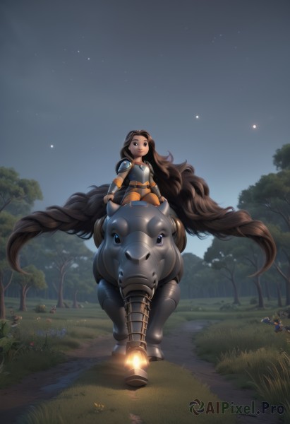 1girl,solo,long hair,looking at viewer,smile,brown hair,black hair,brown eyes,sitting,very long hair,boots,outdoors,sky,armor,black eyes,tree,night,grass,shoulder armor,star (sky),nature,night sky,forest,starry sky,pauldrons,breastplate,absurdly long hair,riding,horse,horseback riding,breasts,dress,closed mouth,standing,full body,weapon,braid,flower,glowing,animal,road,shoulder pads,path,oversized animal