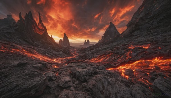 outdoors, sky, cloud, dutch angle, no humans, cloudy sky, fire, scenery, rock, mountain, landscape, molten rock