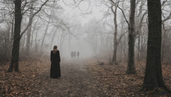 1girl,solo,black hair,long sleeves,1boy,standing,outdoors,solo focus,hood,tree,nature,scenery,cloak,forest,multiple others,bare tree,fog,short hair,multiple boys,from behind,leaf,robe,silhouette,road,autumn leaves,black robe