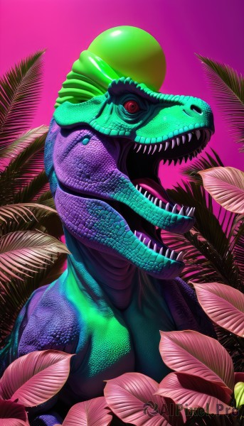 solo,looking at viewer,open mouth,red eyes,teeth,tongue,no humans,colored skin,leaf,fangs,pink background,plant,sharp teeth,purple background,monster,realistic,green skin,alien,dinosaur,simple background