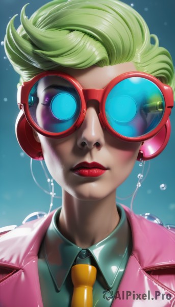 1girl,solo,looking at viewer,short hair,blue eyes,shirt,jewelry,closed mouth,jacket,upper body,earrings,parted lips,green hair,necktie,shiny,collared shirt,artist name,vest,lips,makeup,headphones,blue background,formal,lipstick,goggles,portrait,bubble,realistic,nose,red lips,pink jacket,tinted eyewear,yellow necktie,signature,suit