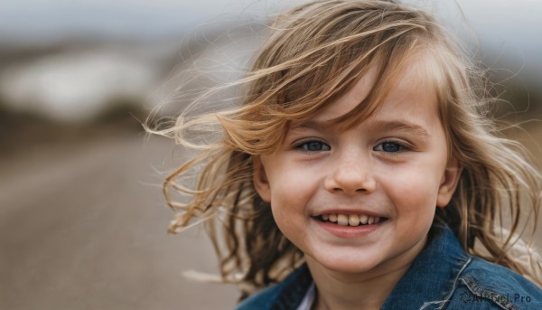 1girl,solo,long hair,looking at viewer,smile,open mouth,blue eyes,blonde hair,brown hair,jacket,outdoors,teeth,grin,blurry,lips,floating hair,depth of field,blurry background,denim,wind,portrait,realistic,denim jacket,male focus,parody,messy hair