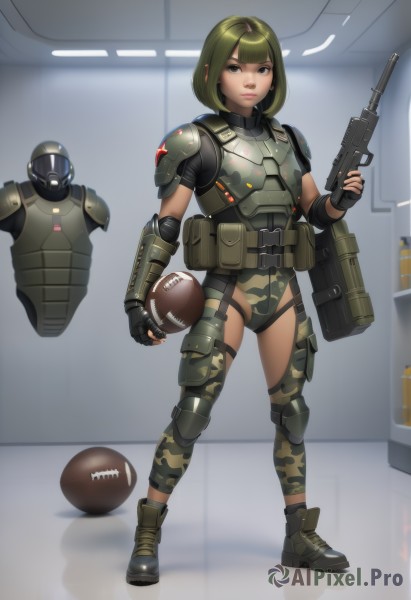 1girl,solo,looking at viewer,short hair,bangs,gloves,holding,brown eyes,standing,full body,weapon,boots,green hair,shoes,solo focus,black gloves,blunt bangs,fingerless gloves,holding weapon,armor,black eyes,leotard,lips,gun,military,bob cut,helmet,shoulder armor,holding gun,rifle,handgun,ball,science fiction,pouch,breastplate,assault rifle,knee pads,shoulder pads,camouflage,explosive,elbow pads,helmet removed,soldier,bullpup,tactical clothes,bulletproof vest,camouflage pants,body armor,indoors,realistic