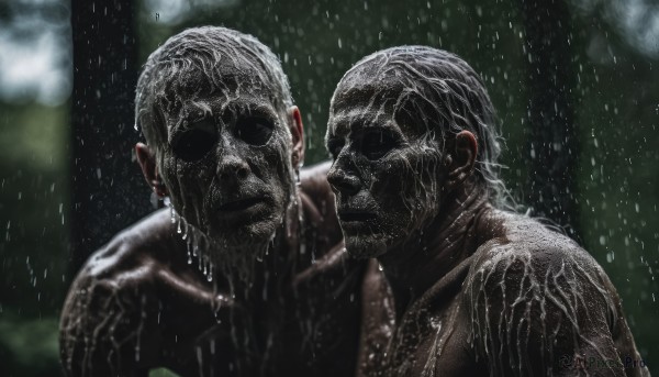 short hair,upper body,white hair,male focus,outdoors,multiple boys,2boys,blurry,wet,blurry background,rain,realistic,wet hair,hand on another's face,jewelry,closed mouth,grey hair,earrings,muscular,night,facial hair,muscular male,beard,faceless,water drop,very short hair,manly,no eyes