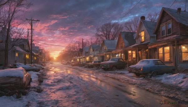 outdoors,sky,cloud,tree,no humans,window,cloudy sky,ground vehicle,building,scenery,motor vehicle,snow,sunset,city,car,road,house,winter,power lines,lamppost,bare tree,street,twilight,utility pole,evening,truck,water,smoke,snowing,door,puddle,chimney