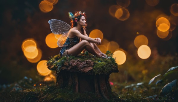 1girl,solo,short hair,black hair,hair ornament,dress,bare shoulders,jewelry,sitting,flower,red hair,outdoors,wings,barefoot,artist name,hair flower,blurry,from side,lips,bare arms,bare legs,strapless,night,depth of field,blurry background,blue dress,watermark,grass,bug,plant,butterfly,nature,strapless dress,head rest,realistic,nose,fairy wings,butterfly hair ornament,fairy,bokeh,butterfly wings,fireflies,tree stump,closed eyes,pointy ears,makeup,leaf,head wreath,mushroom