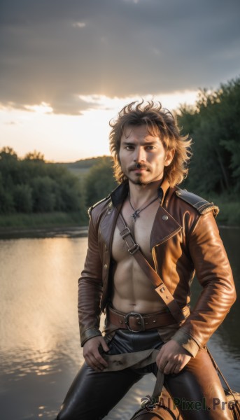 solo,looking at viewer,brown hair,1boy,navel,brown eyes,jewelry,jacket,male focus,boots,outdoors,open clothes,belt,pants,necklace,open jacket,tree,kneeling,facial hair,nature,beard,realistic,leather,leather jacket,leather pants,weapon,cross,forest,mustache,manly