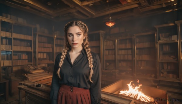 1girl,solo,long hair,breasts,looking at viewer,skirt,blonde hair,brown hair,shirt,long sleeves,brown eyes,closed mouth,standing,braid,collared shirt,indoors,twin braids,lips,book,black shirt,dress shirt,makeup,buttons,red skirt,chair,table,fire,lipstick,hair over shoulder,desk,bookshelf,red lips,lamp,book stack,library,pleated skirt,mole,grey eyes,mole under mouth,realistic,nose,fireplace