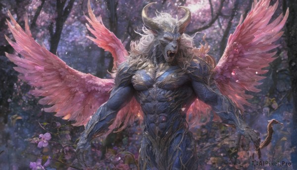 solo,long hair,looking at viewer,open mouth,red eyes,1boy,holding,standing,flower,white hair,male focus,cowboy shot,outdoors,wings,horns,teeth,pointy ears,armor,tree,muscular,glowing,colored skin,feathers,muscular male,demon horns,nature,glowing eyes,feathered wings,claws,forest,blue skin,demon,multiple wings,demon boy,spread wings,fangs,abs,pectorals