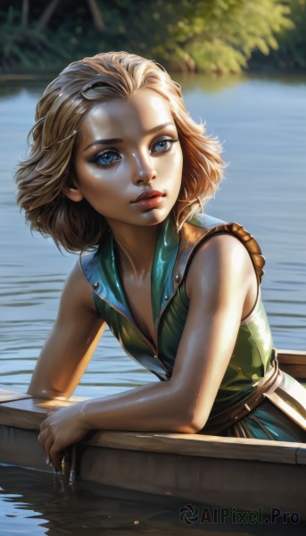 1girl,solo,looking at viewer,short hair,blue eyes,blonde hair,brown hair,dress,bare shoulders,upper body,outdoors,parted lips,sleeveless,day,water,blurry,tree,lips,wet,bare arms,leaning forward,blurry background,watermark,forehead,green dress,realistic,nose,pool,breasts,small breasts,eyelashes,makeup,sunlight,dappled sunlight