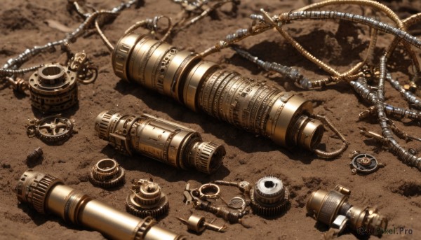 outdoors,no humans,from above,rope,scenery,sand,cable,brown theme,still life,desert,steampunk,machine,screw,blurry,shadow,science fiction,realistic,vehicle focus,gears