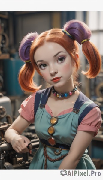 1girl,solo,breasts,looking at viewer,blush,brown hair,shirt,hair ornament,dress,holding,twintails,brown eyes,jewelry,closed mouth,upper body,purple hair,short sleeves,multicolored hair,belt,artist name,indoors,necklace,nail polish,orange hair,mole,blurry,lips,mole under eye,makeup,depth of field,blurry background,sunglasses,lipstick,short twintails,ground vehicle,eyeshadow,freckles,beads,pink shirt,red lips,overalls,eyewear removed,bead necklace,holding eyewear,pearl necklace,cosmetics,lipstick tube,mole on cheek,short hair,collarbone,small breasts,parted lips,choker,head tilt,gem,realistic