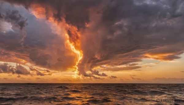 outdoors,sky,cloud,water,no humans,ocean,cloudy sky,fire,scenery,smoke,sunset,horizon,waves,sunlight