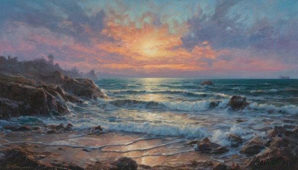 A tranquil sunset outdoors showcasing a landscape