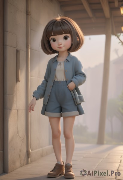 1girl,solo,looking at viewer,smile,short hair,bangs,brown hair,shirt,long sleeves,brown eyes,closed mouth,standing,jacket,full body,white shirt,outdoors,open clothes,shoes,shorts,day,socks,blunt bangs,bag,blurry,lips,buttons,blurry background,brown footwear,bob cut,cardigan,denim,blue jacket,child,blue shorts,denim shorts,unbuttoned,female child,open cardigan,blue cardigan,denim jacket,handbag,shoulder bag