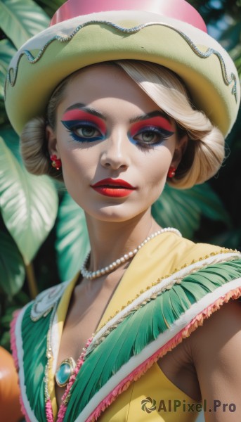 1girl,solo,breasts,looking at viewer,smile,short hair,blonde hair,hat,jewelry,closed mouth,upper body,earrings,parted lips,sleeveless,artist name,necklace,hair bun,blurry,lips,grey eyes,eyelashes,makeup,blurry background,leaf,feathers,lipstick,gem,eyeshadow,beads,realistic,red lips,eyeliner,pearl necklace,mascara,blue eyes,brown eyes,green eyes,facepaint