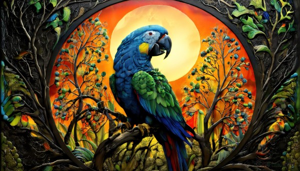 HQ,solo,red eyes,flower,outdoors,sky,tree,pokemon (creature),no humans,night,bird,animal,leaf,moon,plant,nature,full moon,sun,branch,animal focus,talons,beak,spread wings,looking at viewer,closed mouth,feathers,forest,circle,orange sky,in tree,parrot