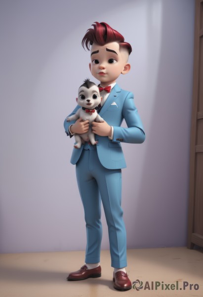 solo,short hair,brown hair,1boy,bow,holding,brown eyes,standing,jacket,full body,white shirt,male focus,red hair,multicolored hair,shoes,pants,indoors,bowtie,black eyes,red bow,two-tone hair,brown footwear,stuffed toy,formal,stuffed animal,suit,blue jacket,red bowtie,doll,door,blue pants,character doll,male child,traditional bowtie,looking at viewer,smile,black hair,long sleeves,socks,undercut,mohawk,holding doll