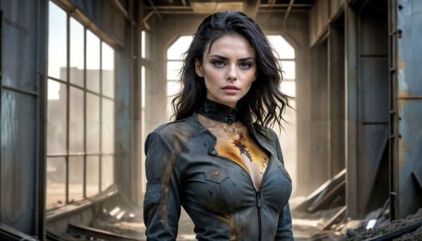 HQ,1girl,solo,long hair,breasts,looking at viewer,blue eyes,black hair,cleavage,medium breasts,jacket,upper body,indoors,collar,lips,torn clothes,window,bodysuit,makeup,messy hair,zipper,realistic,nose,ruins,dirty,dirty face,collarbone,parted lips,open clothes,choker,tattoo,lipstick,leather jacket,denim jacket