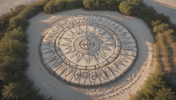 outdoors,day,water,tree,no humans,shadow,from above,sunlight,grass,plant,nature,scenery,forest,reflection,clock,bush,path,plate,road,magic circle,pentagram,still life