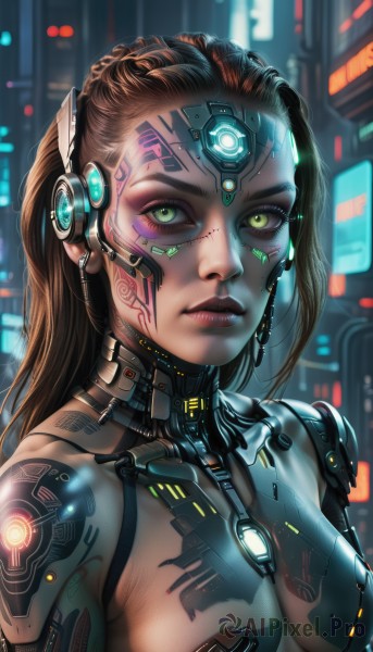 1girl,solo,long hair,breasts,looking at viewer,brown hair,medium breasts,green eyes,upper body,braid,blurry,lips,tattoo,makeup,blurry background,glowing,headgear,eyeshadow,science fiction,realistic,nose,pasties,android,eyeliner,joints,cyborg,hair pulled back,robot joints,mascara,cyberpunk,mechanical parts,small breasts,parted lips,artist name,eyelashes,bodysuit,watermark,facial mark,lipstick,web address,cable,facepaint,earpiece