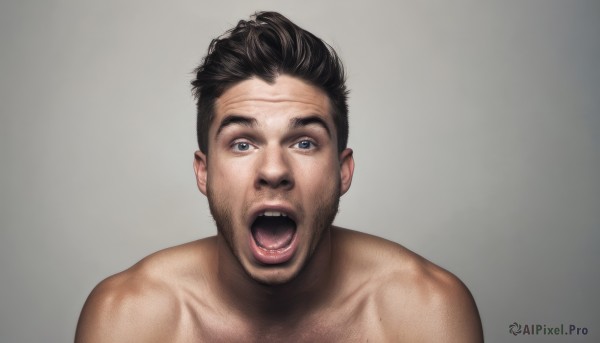 solo,looking at viewer,open mouth,blue eyes,simple background,brown hair,black hair,1boy,upper body,male focus,teeth,tongue,grey background,gradient,gradient background,facial hair,parody,portrait,beard,topless male,realistic,real life insert,short hair,nude,tongue out,scar,wide-eyed