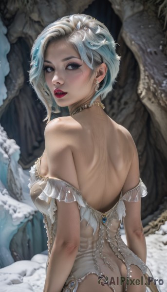 1girl,solo,breasts,looking at viewer,blush,short hair,blue eyes,blonde hair,hair ornament,dress,bare shoulders,jewelry,medium breasts,blue hair,ass,white hair,multicolored hair,earrings,parted lips,looking back,necklace,off shoulder,from behind,blurry,leotard,lips,see-through,makeup,blurry background,back,lipstick,snow,eyeshadow,freckles,realistic,white leotard,red lips,brown eyes,teeth