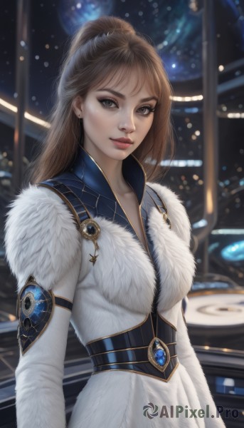 1girl,solo,long hair,breasts,looking at viewer,brown hair,long sleeves,dress,brown eyes,jewelry,closed mouth,upper body,ponytail,white dress,blurry,lips,coat,fur trim,makeup,blurry background,brooch,gem,realistic,nose,white coat,bangs,medium breasts,standing,earrings,artist name,grey eyes,eyelashes,depth of field,eyeshadow,freckles