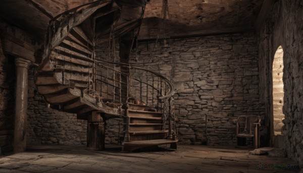 monochrome,outdoors,no humans,scenery,stairs,railing,watercraft,ruins,brown theme,barrel,indoors,sunlight,fantasy,door,wall,pillar,arch,column,stone floor,stone wall