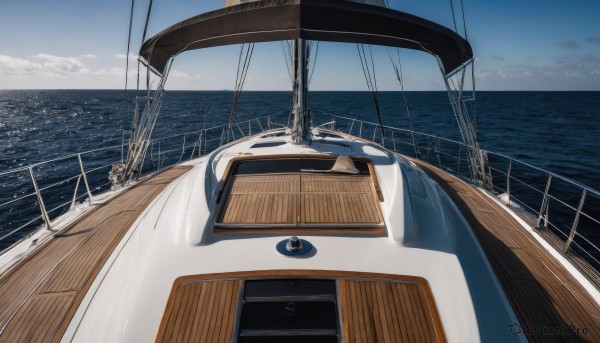 outdoors,sky,day,cloud,water,blue sky,no humans,ocean,scenery,railing,horizon,watercraft,vehicle focus,ship,boat,pier