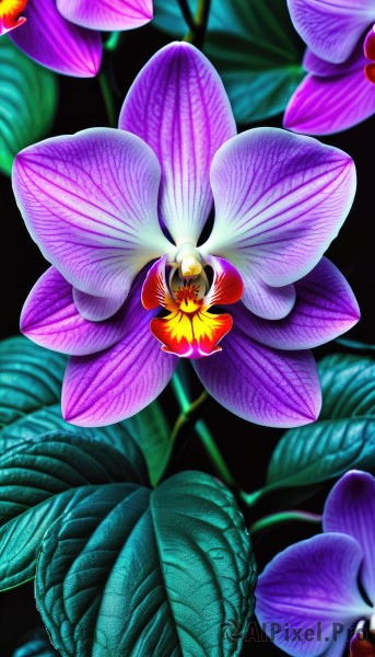 solo,flower,wings,blurry,pokemon (creature),no humans,depth of field,blurry background,glowing,leaf,plant,nature,realistic,purple flower,still life,black background,glowing eyes