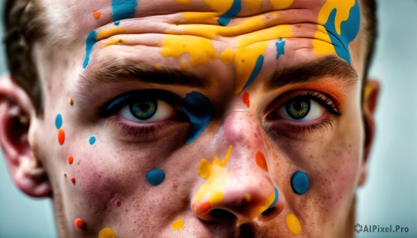 HQ,solo,looking at viewer,blue eyes,1boy,green eyes,male focus,blurry,eyelashes,depth of field,blurry background,portrait,close-up,freckles,realistic,paint splatter,paint,eye focus,paint splatter on face,dirty