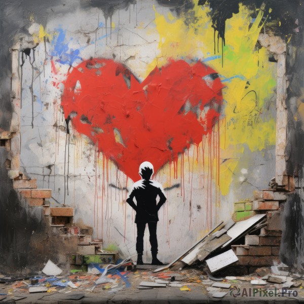 solo,short hair,1boy,standing,male focus,pants,from behind,shadow,spot color,hands on hips,stairs,silhouette,wall,paintbrush,brick wall,crack,colorful,paint splatter,paint,abstract,graffiti,splatter,full body,facing away,cracked wall